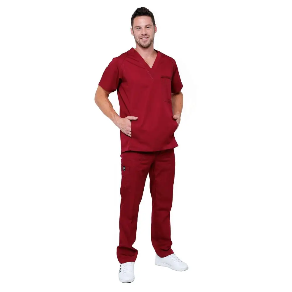 Men’s Multi Pocket Utility Medical Scrubs - Style 102AV - Maroon / S - Men’s Scrubs Sets