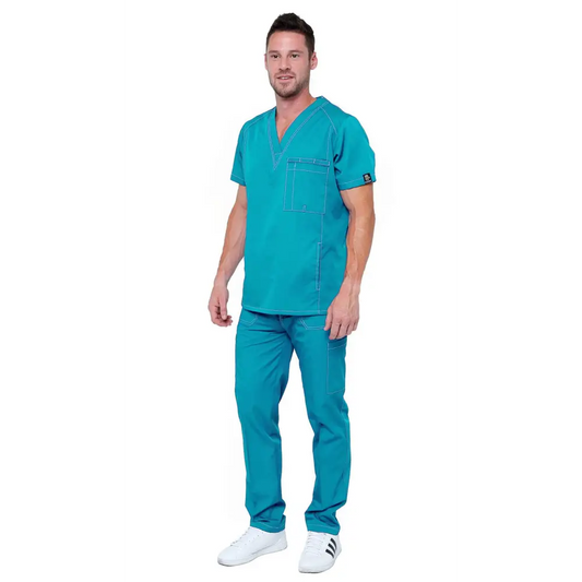 Men’s Multi Pocket Utility Medical Scrubs - Style 102AV - Teal / S - Men’s Scrubs Sets