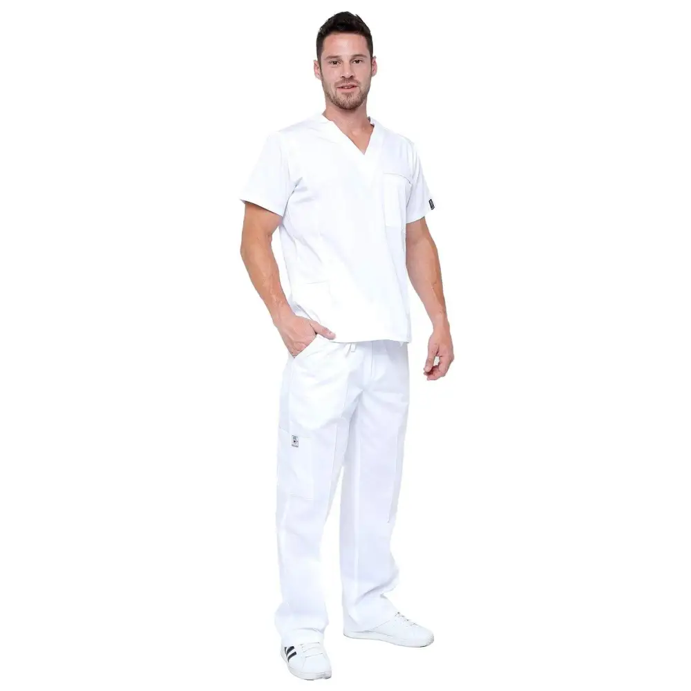 Men’s Multi Pocket Utility Medical Scrubs - Style 102AV - White / S - Men’s Scrubs Sets