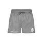 Grey athletic shorts for men featuring DEFMEDFIT text and triangular logo, ideal for first responders