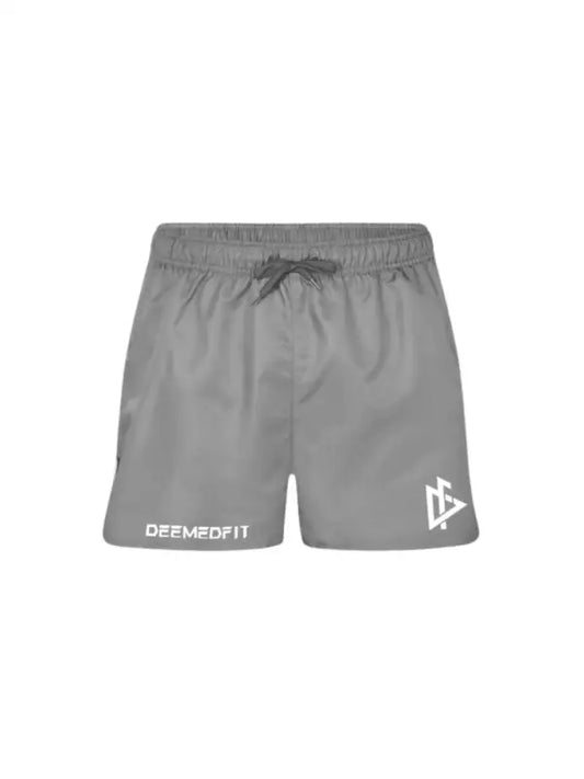 Grey athletic shorts for men featuring DEFMEDFIT text and triangular logo, ideal for first responders