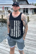 Black tank top with distressed American flag design, Men’s Tank Top Honor