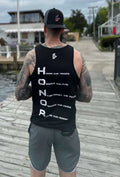 Black men’s tank top with Honor text vertically printed down the back