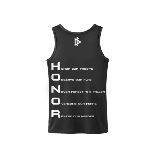 Men’s tank top featuring ’HONOR’ with patriotic phrases next to each letter and American flag