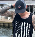 Black tank top with distressed American flag design for men, named Honor