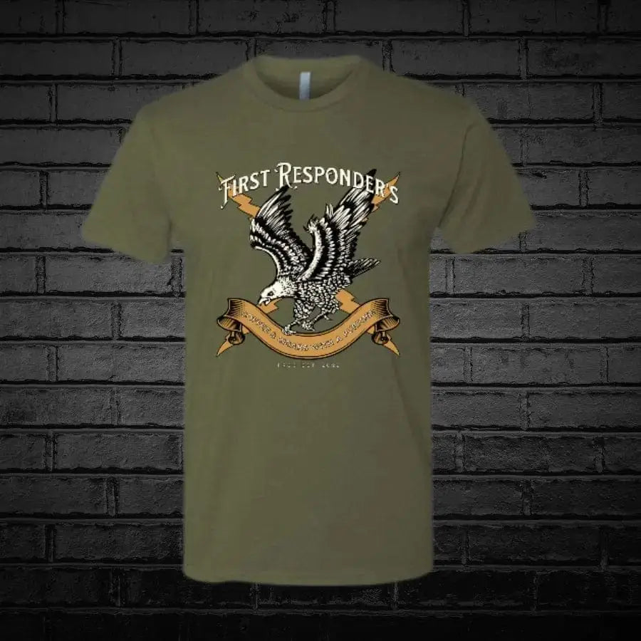 Olive green cigar coffee shirt with First Responders eagle design and banner artwork