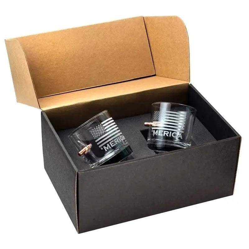 Black gift box with American flag rocks glass set for whiskey lovers - Merica Rocks Glass