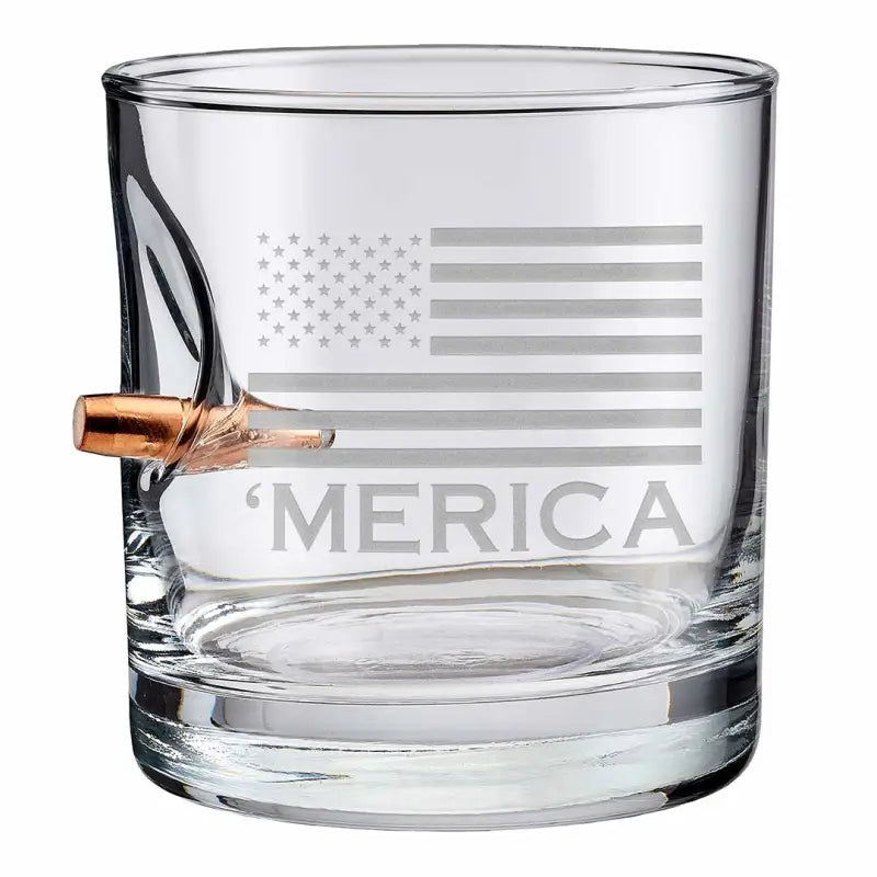 Merica Rocks Glass, 11oz whiskey tumbler with etched American flag and real bullet