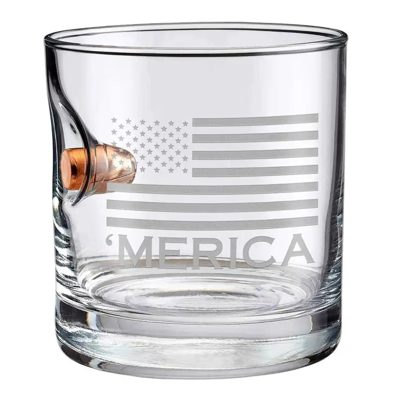 Glass tumbler featuring etched American flag and MERICA text, perfect for whiskey lovers