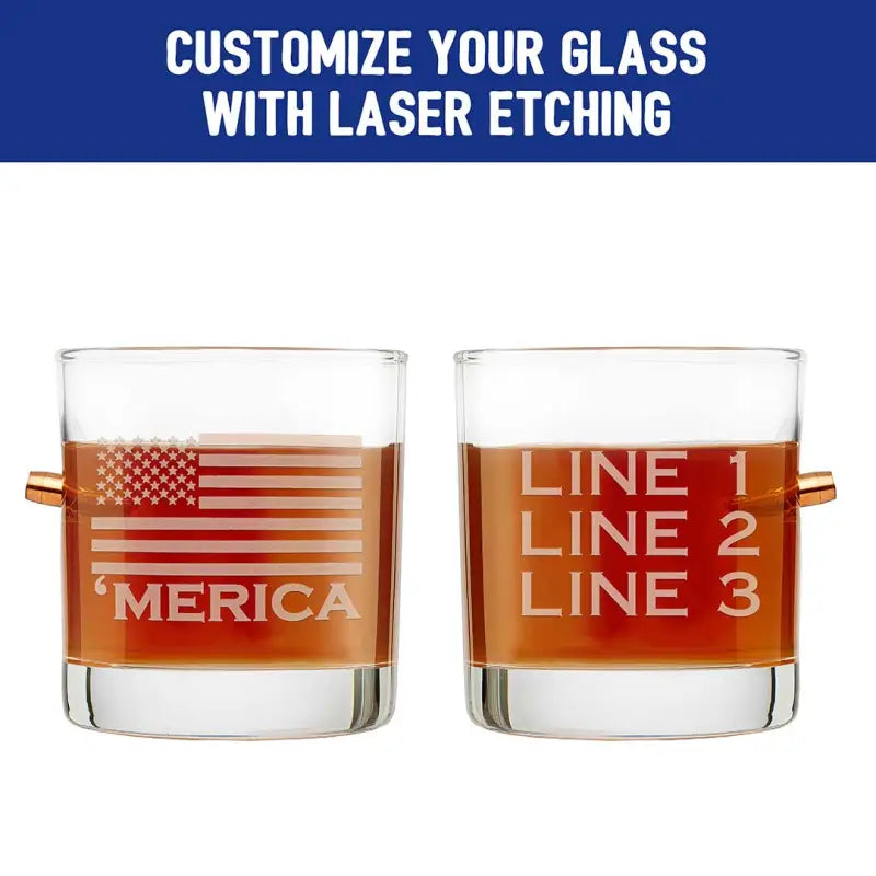 Customizable 11oz Merica Rocks Glass with American flag and text design for whiskey lovers