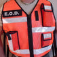 High-visibility orange safety reflective vest with E.O.D. lettering and radio pouch