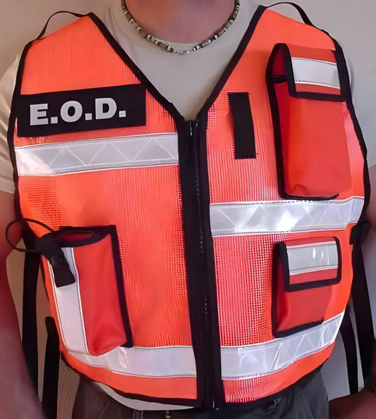 High-visibility orange safety reflective vest with E.O.D. lettering and radio pouch