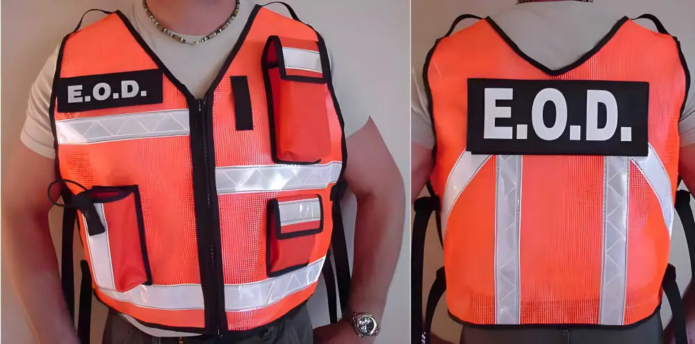 High-visibility orange safety reflective vest with E.O.D. patches and reflective stripes