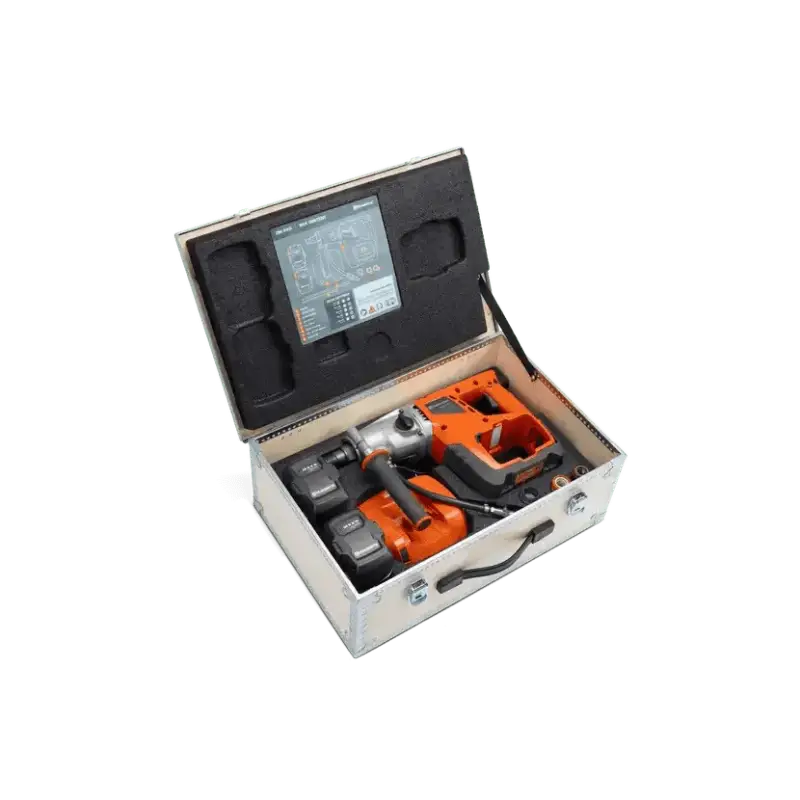 Metal carrying case with orange power tools in Husqvarna 540i Battery Powered Core Drill Kit