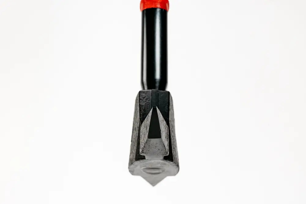 Metal router bit with red collar and V-shaped cutting edge for REAPER composite handle