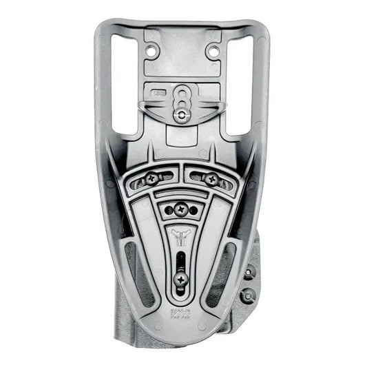 Metallic gray Sig Sauer P365-FUSE holster mount with adjustment points for weapon-mounted light