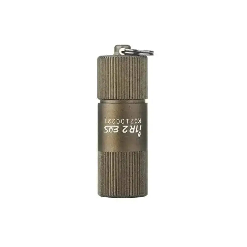 Metallic olive cylindrical flashlight with ridges from Olight IR2 EOS Keychain Flashlight