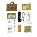 Military-style first aid kit in Ranger Green with medical supplies laid out in an empty pouch