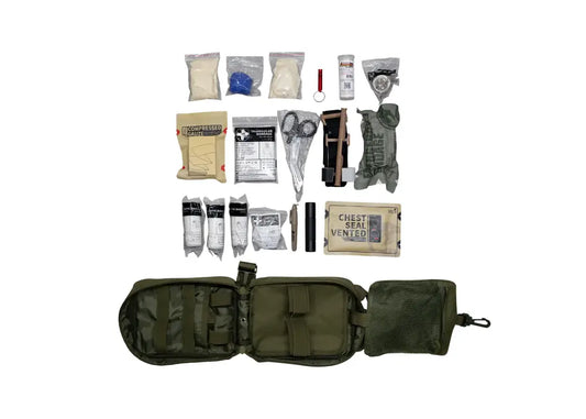 Military-style First Responder IFAK Kit with medical supplies and olive green pouches