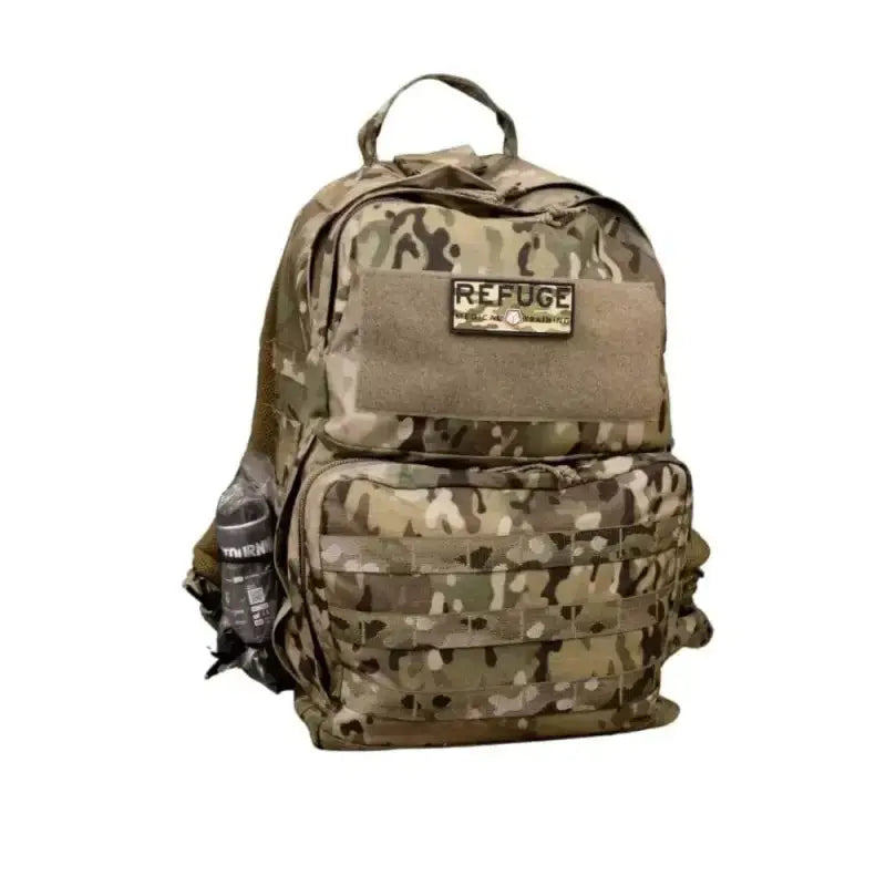 Military-style camouflage backpack with pockets for the Field Medic Kit in desert tan