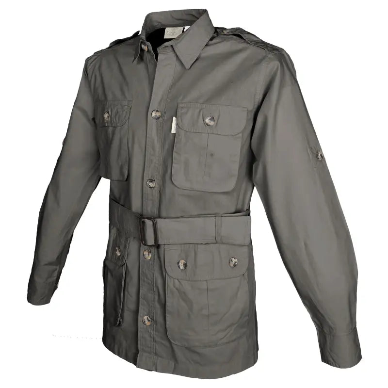 Military-style Safari Jacket for Men in olive gray with buttoned flap covered chest pockets