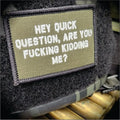 Military-style olive drab 2x3 patch with text saying hey question are you fucking kidding me