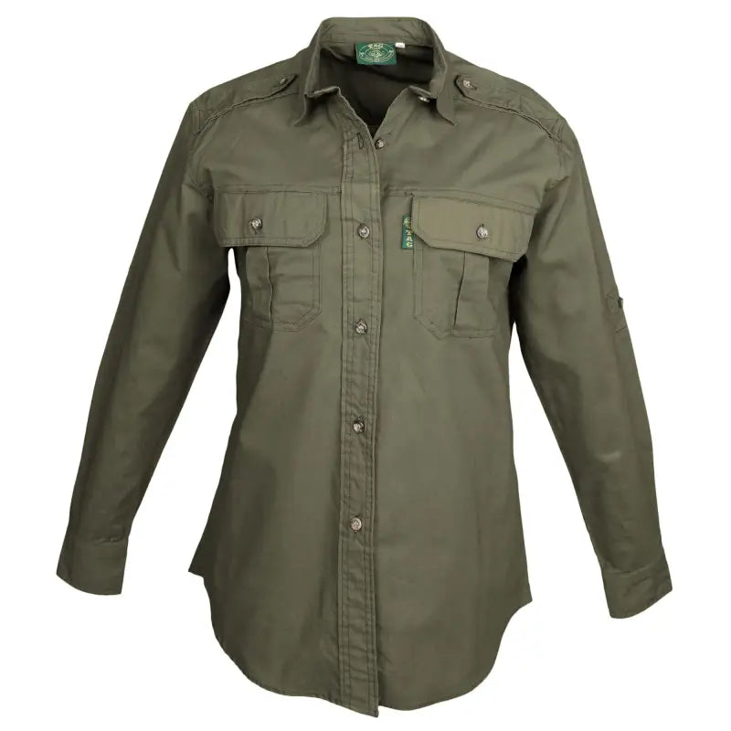 Military olive green button-up Trail Shirt for Women, essential outdoor gear for safari adventures