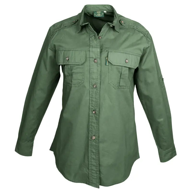 Military-style olive green safari trail shirt for women with chest pockets, essential outdoor gear