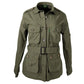 Military-style olive green safari jacket for women with two buttoned flap pockets