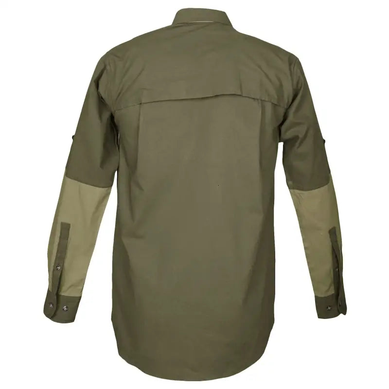 Military-style olive green Clay Bird Shirt for Men with contrasting sleeve panels