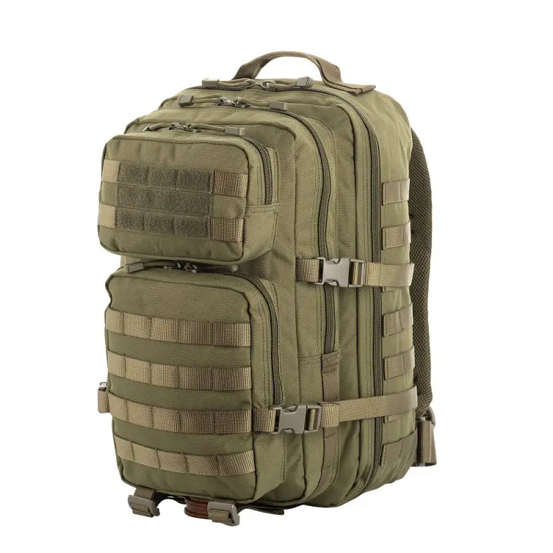 Olive green M-Tac Assault Pack with large main zippered compartments and MOLLE webbing