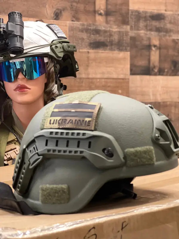 Military-style RT2 Ballistic MICH Helmet with UKRAINE patch and protective eyewear