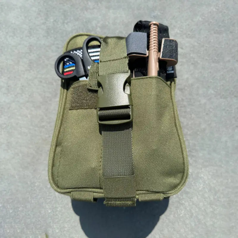 Military-style olive green tactical pouch for The First Responder IFAK Kit