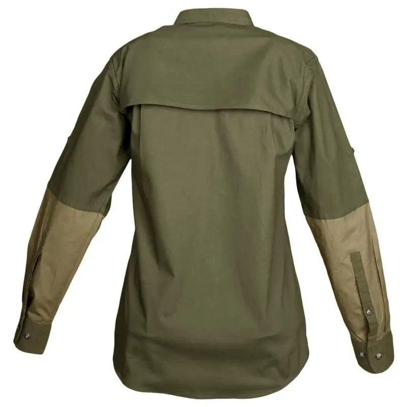 Olive green Clay Bird Shirt for Women featuring reinforced tan elbow patches and mesh lined vent