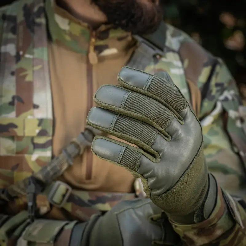 Military tactical gloves in olive green and gray, ideal for M-Tac Gloves Police use