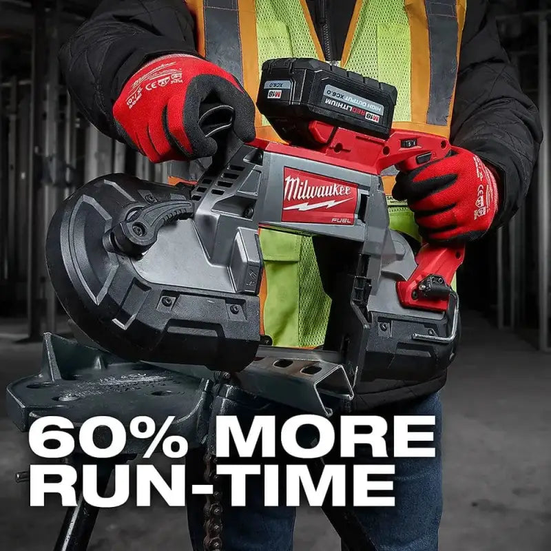 Milwaukee Cordless Band Saw with Red Gloves and M18™ REDLITHIUM™ HIGH OUTPUT™ XC6 Battery Pack