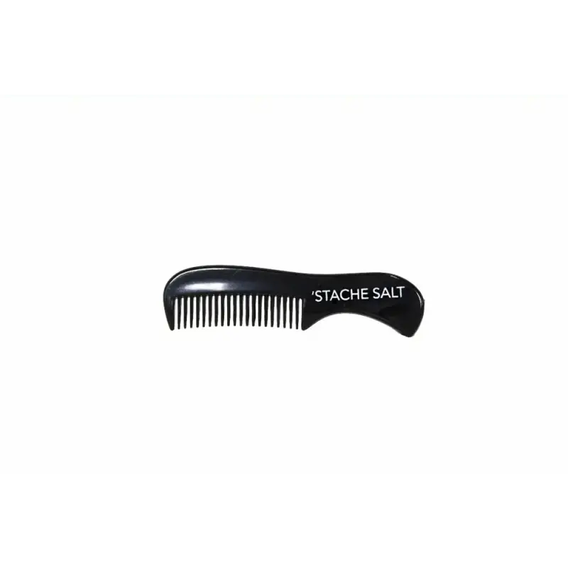 Black plastic mini moustache comb with STACHE SALT text on handle for grooming