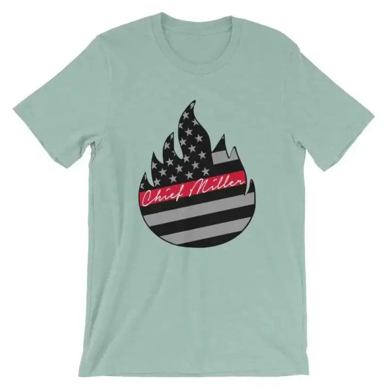 Mint green Signature t-shirt with American flag flame design and red text, heather prism dusty