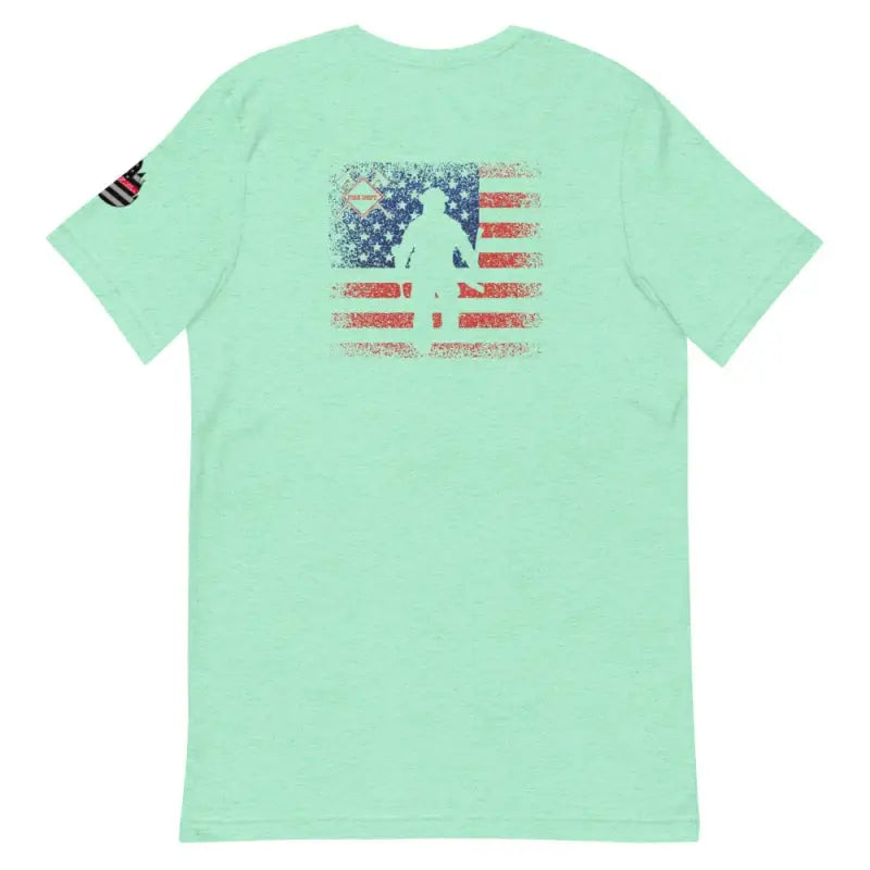 Mint green t-shirt with distressed American flag and soldier graphic, ideal for Flag Firefighter