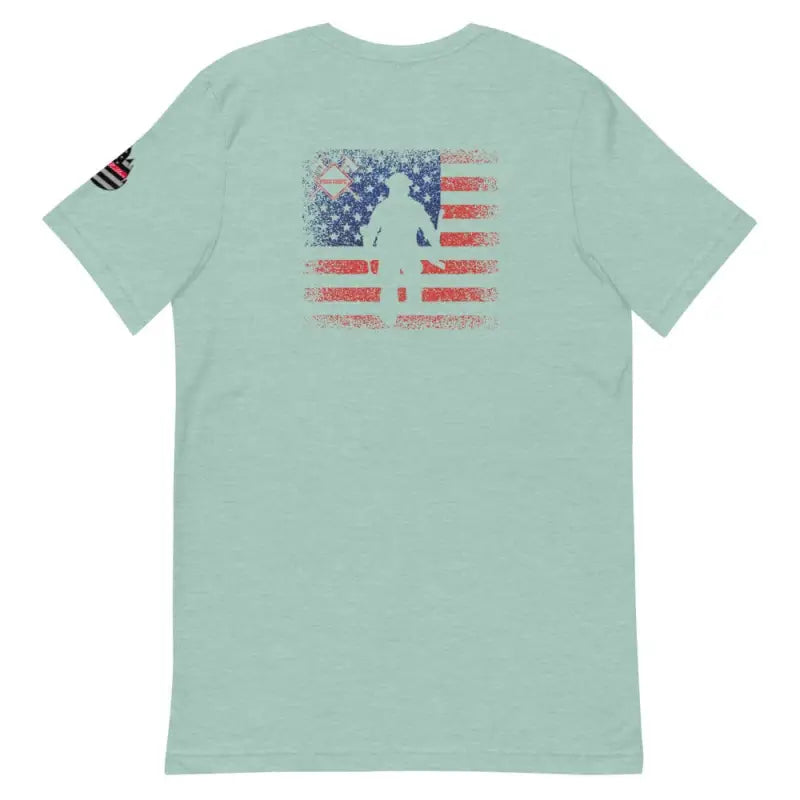 Mint green t-shirt with distressed American flag and soldier silhouette design