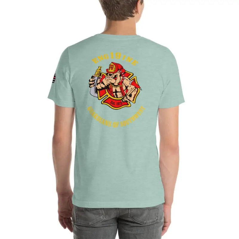 Mint green Engine 19 t-shirt with firefighter emblem, perfect with dark grey heather