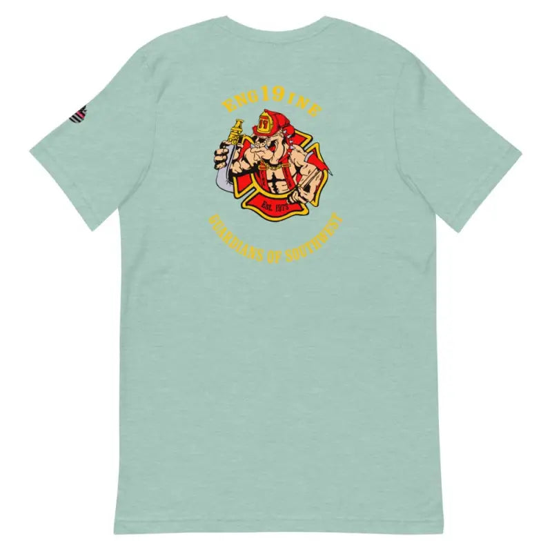 Mint green Engine 19 t-shirt with firefighter graphic, perfect with Heather Prism Lilac style