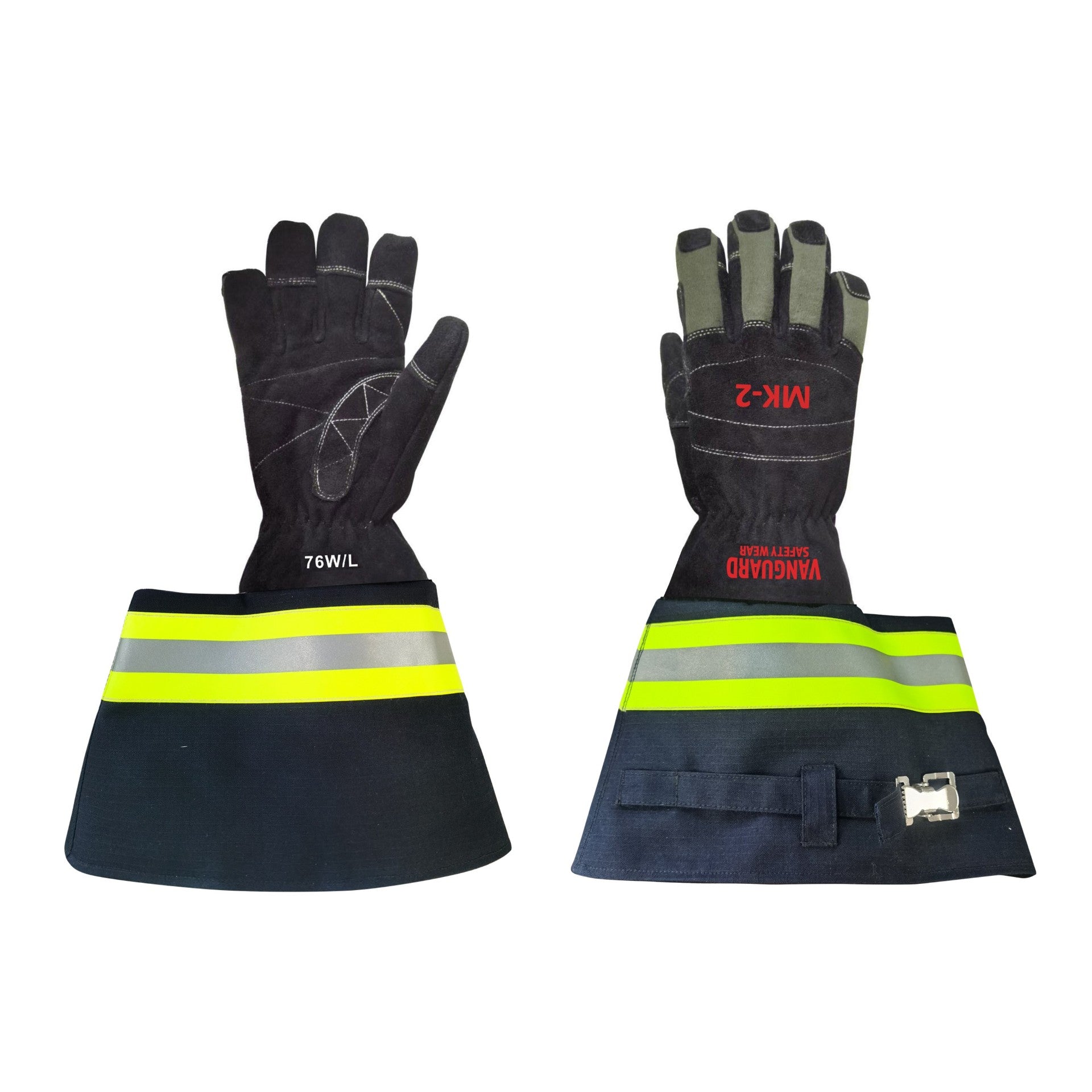 Vanguard MK-2 Long-Cuff Structural Firefighting Gloves showcasing superior Kangaroo skin material for enhanced durability and strength.