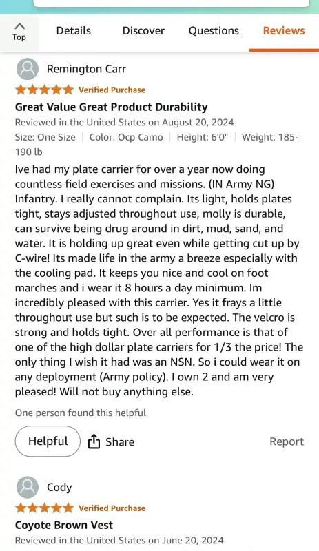 Mobile phone showing product review for CRUSADER 2.0 ARMOR KIT body armor by Redemption Tactical in large size