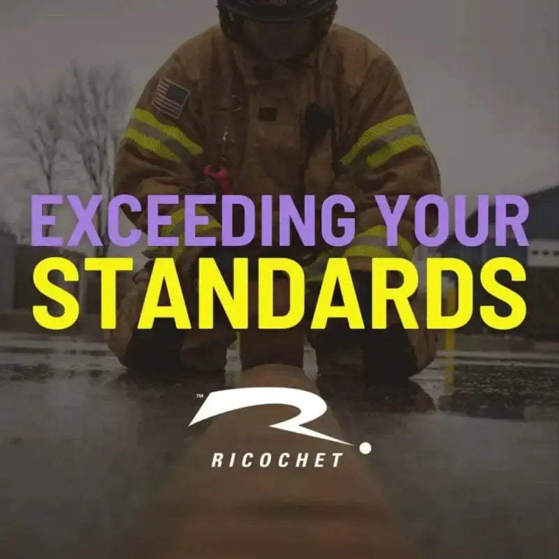 Motivational image of firefighter with Exceeding Your Standards and Maverick Fire Gear Jacket logo