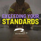 Motivational text EXCEEDING YOUR STANDARDS with Ricochet logo on Prime Fire Gear Pants backdrop