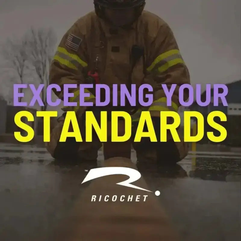 Motivational text Exceeding Your Standards on Maverick Fire Gear set over firefighter uniform