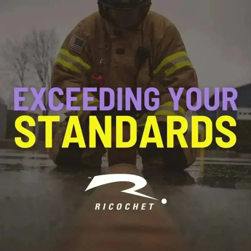 Motivational EXCEEDING YOUR STANDARDS text with Ricochet logo over firefighter silhouette for Prime Fire Gear Jacket & Pants Set