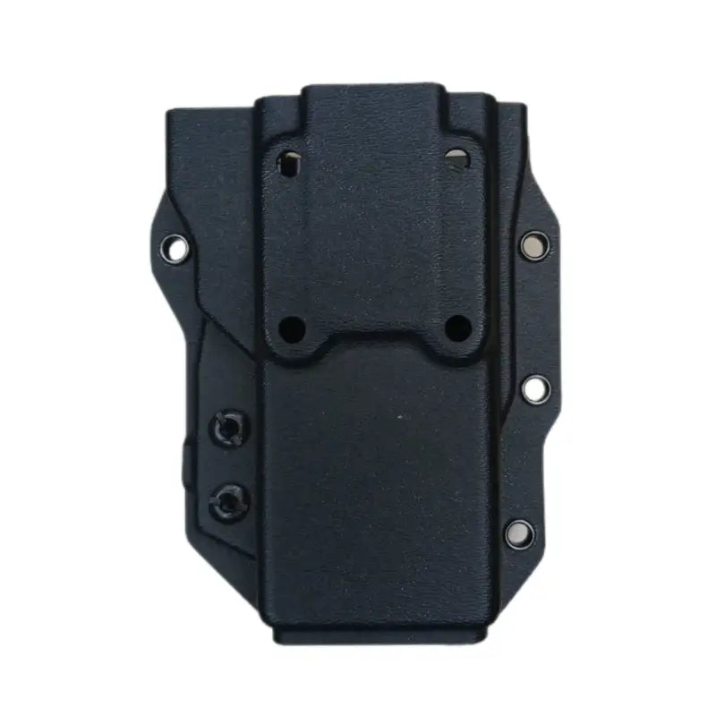 Black plastic holster for Motorola APX 4000 Radio with mounting points and screw holes