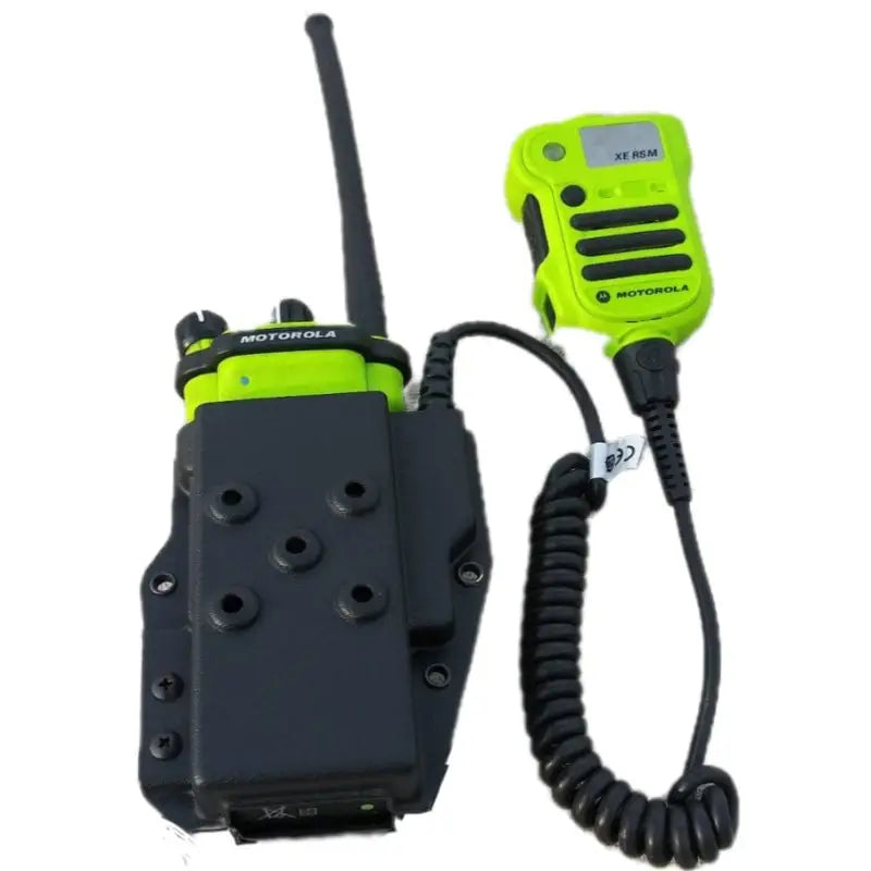 Black Motorola APX 6000 Radio Holder with neon green speaker microphone attachment